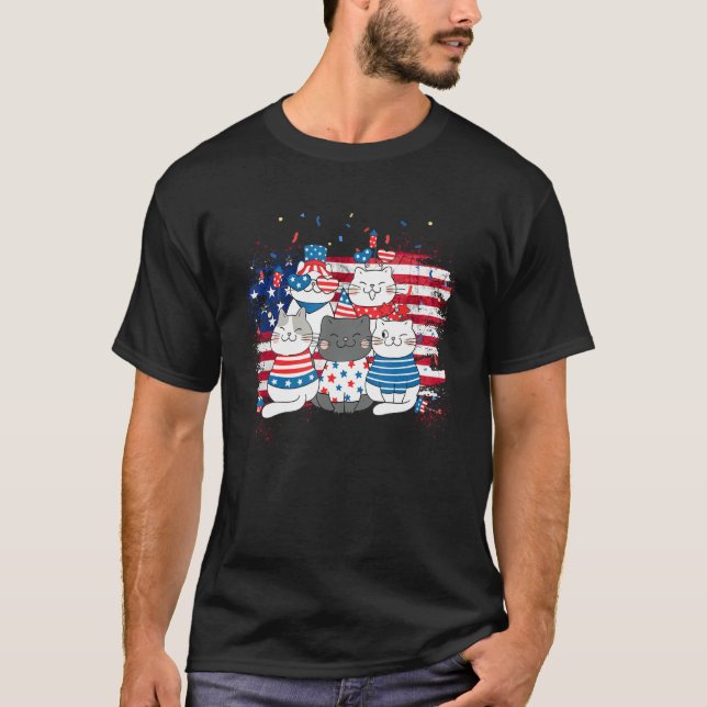 Cat Patriotic USA Flag Cat  Cat Moms 4th Of July T-Shirt (Front)