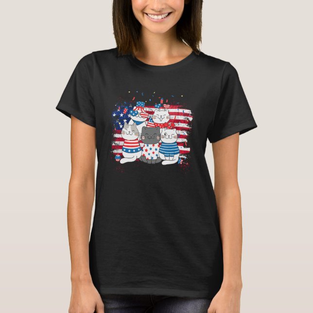 Cat Patriotic USA Flag Cat  Cat Moms 4th Of July T-Shirt (Front)