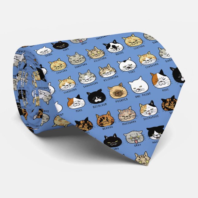 ＊cat pattern＊猫柄【ブサ猫】ブルー ネクタイ tie (Rolled)