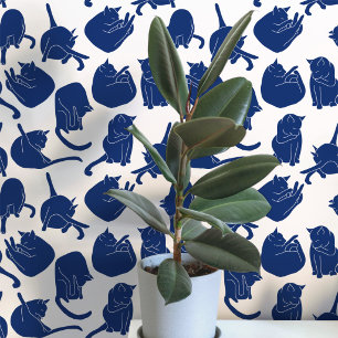 Cat Pattern Blue and White Wallpaper