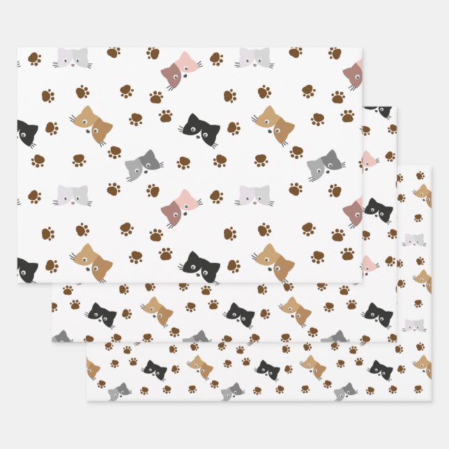Cat Pattern, Kitty Faces & Paw Prints Wrapping Paper Sheet (Set)