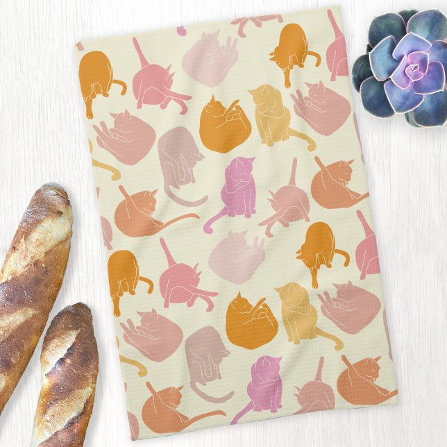 Cat Pattern Pink Orange Cream Tea Towel (Fun kitty cat pattern pink orange cream kitchen towel for animal lovers)
