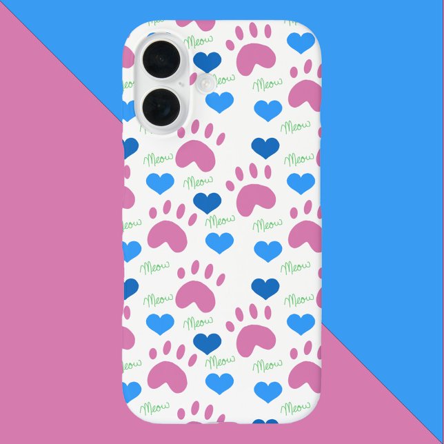 Cat Paw Hearts Meow Blue Pink Green Case-Mate iPhone Case (A phone case with a pattern of pink cat paws, blue hearts & green meows.)