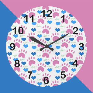 Cat Paw Hearts Meow Pink Blue Pattern Large Clock