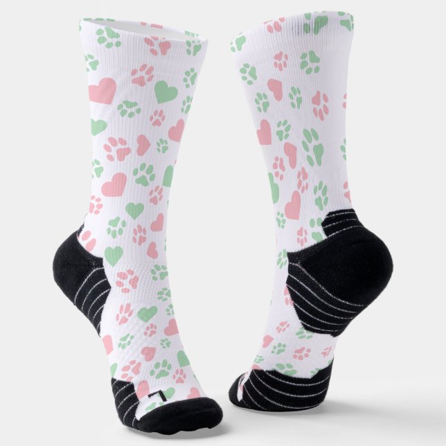Cat Paw Print Blush Pink & Soft Mint Green Socks (Angled)