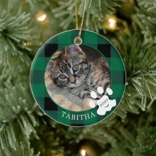 Cat Paw Print Green Buffalo Plaid Photo Ceramic Tree Decoration
