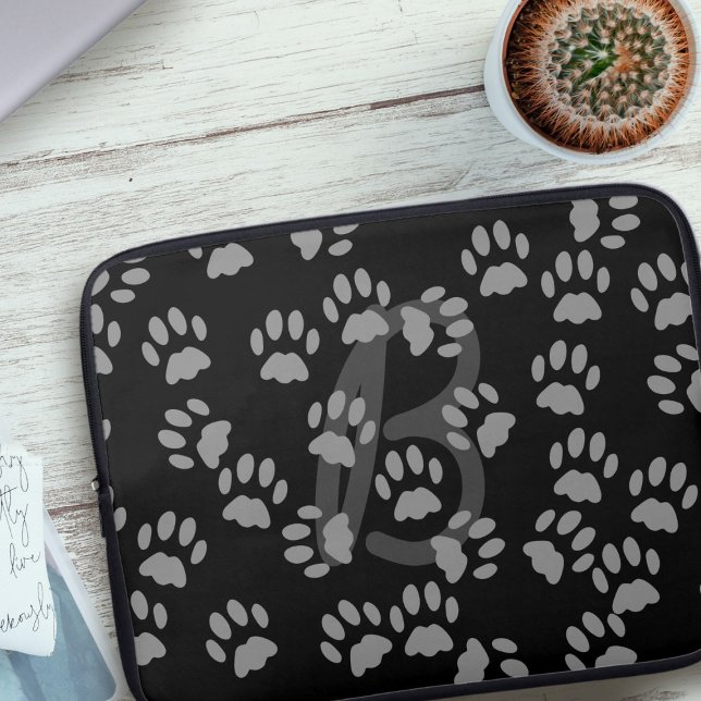 Cat Paw Print Pattern Monogrammed Black and Gray Laptop Sleeve (Cat Paw Print Pattern Monogrammed Black and Gray Laptop Sleeve just for you)