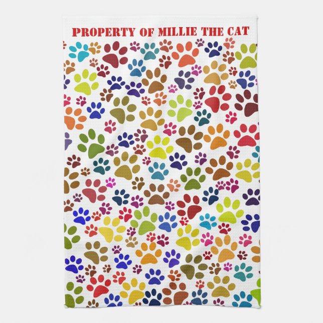 Cat Paw Print Pet Name Pattern Kitchen Towel (Vertical)
