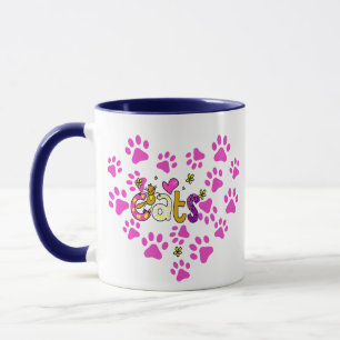 Cat Paw Print Pink Heart Pattern Coffee Mug, Cat  Mug