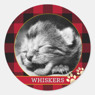Cat Paw print, Red Buffalo Plaid, Kitten Photo Classic Round Sticker