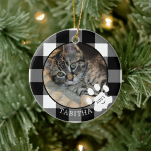 Cat Paw Print Rustic Black Buffalo Plaid Photo Ceramic Tree Decoration
