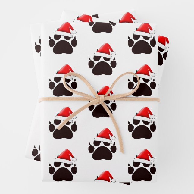 Cat Paw Print Santa Hat Christmas Wrapping Paper Sheet (In situ)