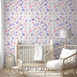 Cat Paw Prints and Hearts Lavender and Pink Wallpaper