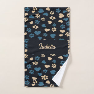 Cat Paw Prints and Hearts Pattern Hand Towel