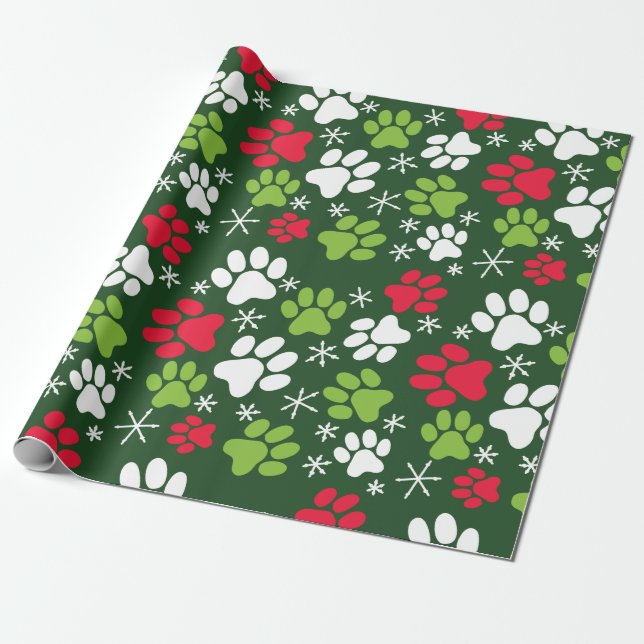 Cat Paw Prints and Snowflakes Red Green Christmas Wrapping Paper (Unrolled)