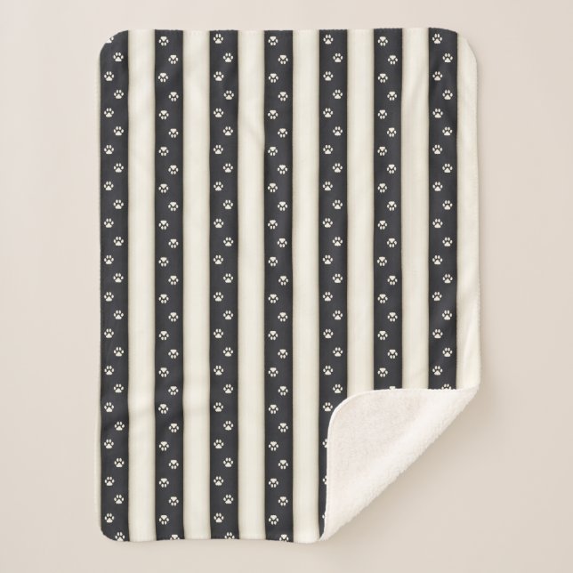 Cat Paw Prints Black & Antique White Pet Lover's Sherpa Blanket (Front)
