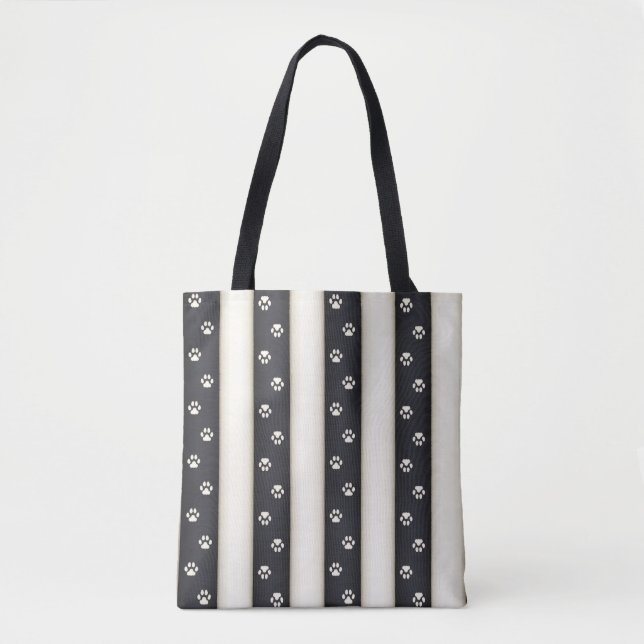 Cat Paw Prints Black & Antique White Stripes Tote Bag (Front)