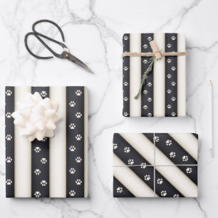 Cat Paw Prints Black & Antique White Stripes Wrapping Paper Sheet