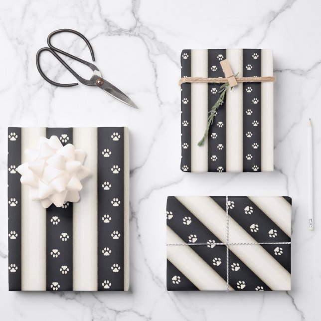 Cat Paw Prints Black & Antique White Stripes Wrapping Paper Sheet (Front)