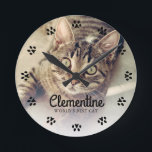 Cat Paw Prints Frame Photo Personalised Round Clock<br><div class="desc">Cats leave paw prints in your heart. 
Display your favourite cat photo with this beautiful personalised clock design perfect for the World's Best Cat Mum/Dad.</div>