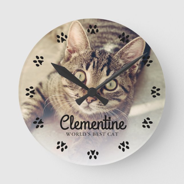 Cat Paw Prints Frame Photo Personalised Round Clock (Front)