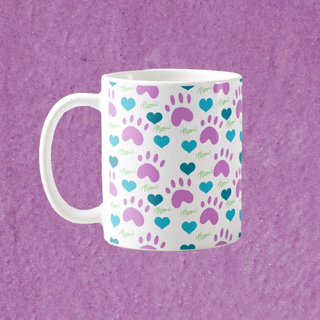 Cat Paw Prints Hearts Meow Pattern Pink Teal Green Coffee Mug (A mug with a pattern of pink cat paw prints, teal hearts and the word meow in green.)