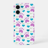 Cat Paw Prints Hearts Meow Pattern Pink Teal Green