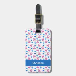 Cat Paw Prints Hearts Woof Personalize Pink Blue Luggage Tag