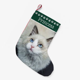Cat Paw Prints Name Green Small Christmas Stocking