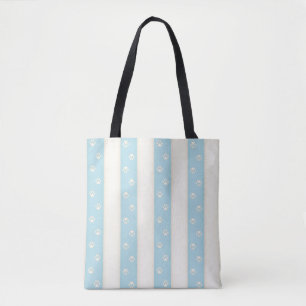 Cat Paw Prints on Pale Blue & Antique White Stripe Tote Bag