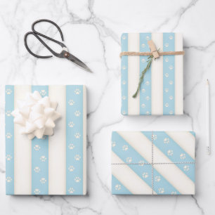 Cat Paw Prints on Pale Blue & Antique White Stripe Wrapping Paper Sheet