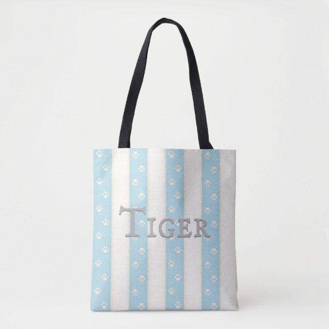 Cat Paw Prints on Pale Blue & White Stripes Custom Tote Bag (Front)