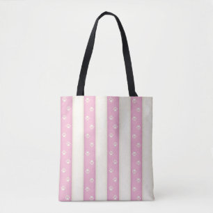 Cat Paw Prints on Pink & Antique White Stripes Tote Bag