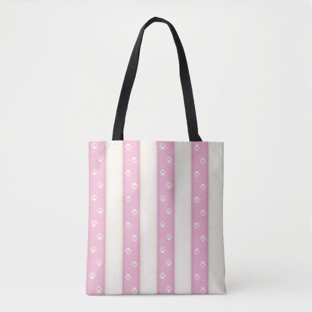 Cat Paw Prints on Pink & Antique White Stripes Tote Bag (Front)