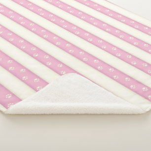 Cat Paw Prints Pink & Antique White Stripes Sherpa Blanket