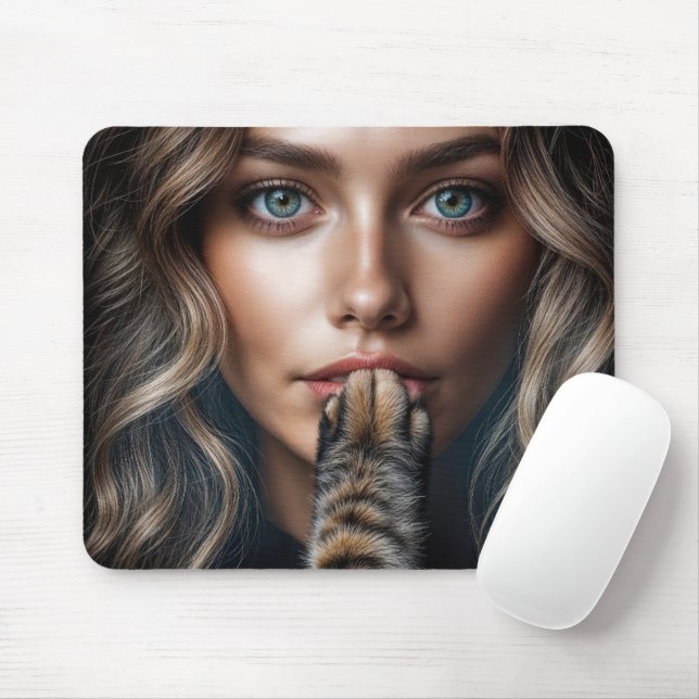 Cat Paw Silencing a Pretty Woman Mouse Mat (With Mouse)