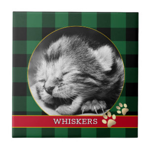 Cat Pawprint, Buffalo Plaid, baby Kitten Photo Tile