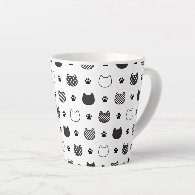 Cat Paws & Faces – Cute Black & White Latte Mug (Right Angle)