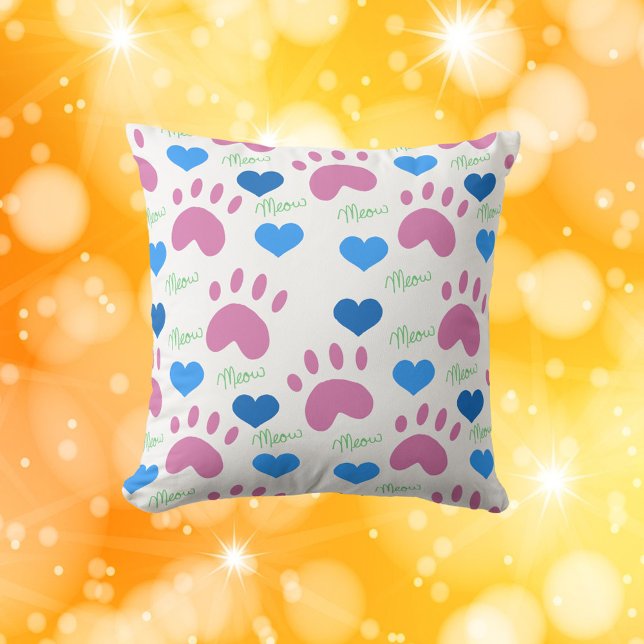 Cat Paws Hearts Meow Hand Drawn Pattern Pink Blue Cushion (A pillow with a pattern of cat paws, hearts and meow in pink, blue and green.)