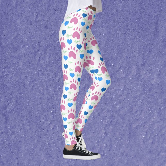 Cat Paws Hearts Meow Pink Blue Green Pattern Leggings (Leggings with a pattern of pink cat paws, blue hearts and green meows.)