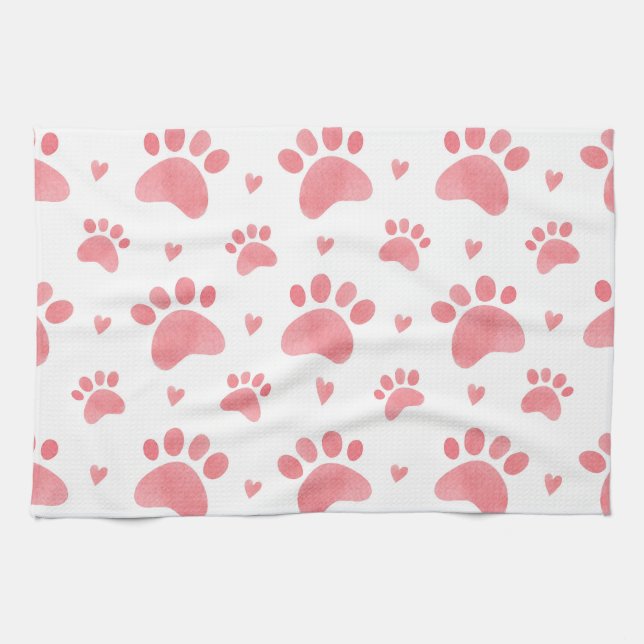 Cat Paws Watercolor Pattern Tea Towel (Horizontal)
