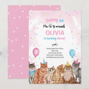 Cat Pawty Animals Girl Birthday Invitation