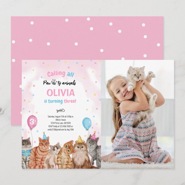 Cat Pawty Animals Girl Birthday Photo Invitation (Front/Back)