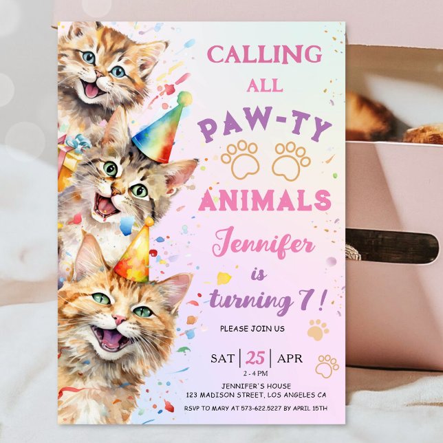 Cat Pawty Birthday Party Girl 7th Birthday Invitation (Creator Uploaded)