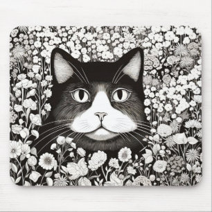 Cat Peaceful Nature Prairie Sketch Drawing Style Mouse Mat