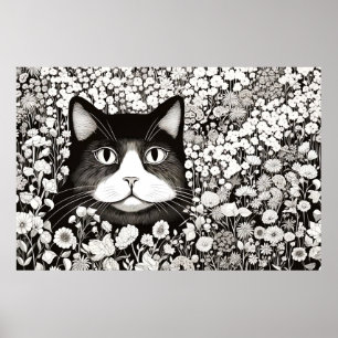 Cat Peaceful Nature Prairie Sketch Drawing Style Poster