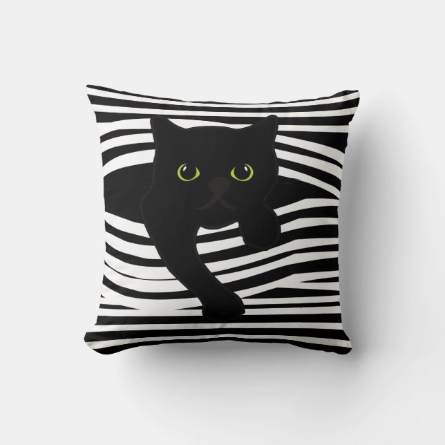 Cat Peeking Through Stripes Pillow (Front)