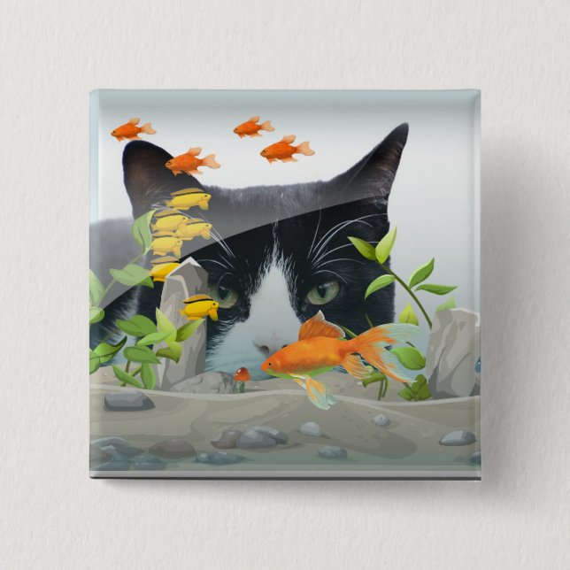 Cat Peering in Fish Tank 15 Cm Square Badge (Front)