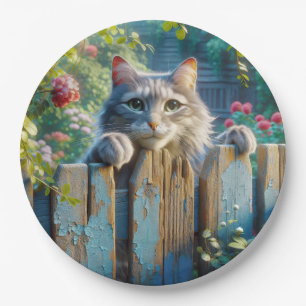 Cat Peering Over a Fence Paper Plate
