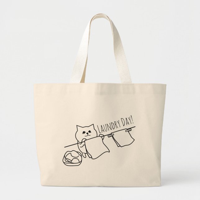 Cat Pegging Out Washing Large Tote Bag (Front)